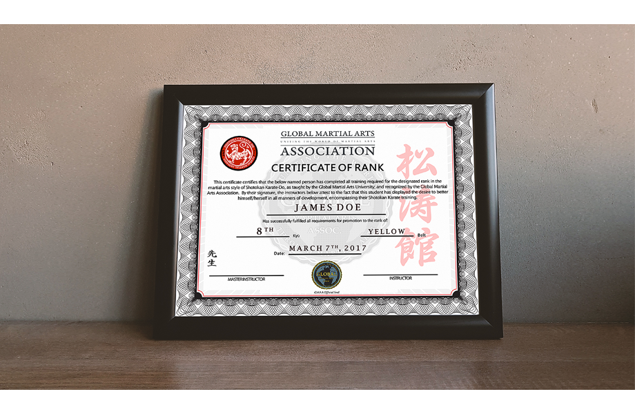 Certificate Frame_GMAA Shotokan Student Certificate_james doe_600pixwide